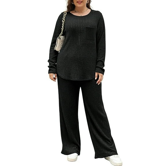 ValueVibe Plus Size Pajama Sets for Women 2 Piece Long Sleeve Loungewear Sets Crew Neck Loungewear with Chest Pocket, Black 3XL