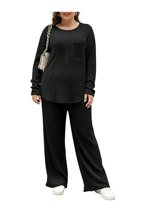 Plus Size Pajama Sets for Women 2 Piece Long Sleeve Loungewear Sets Crew Neck Loungewear with Chest Pocket, Black 5XL