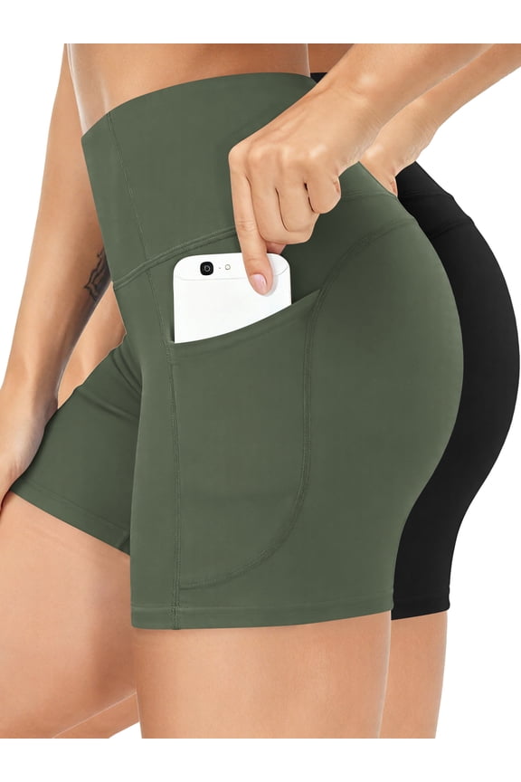 Athletic Shorts for Women with Pockets High Waist Workout Shorts 2-Pack Tummy Control Yoga Shorts, Black+Army Green XL