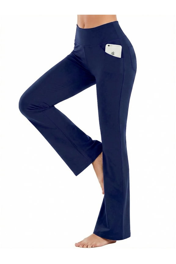 Womens Flare Yoga Pants with Pockets Bootcut Yoga Leggings High Waist Tummy Control Workout Pants, Navy XL