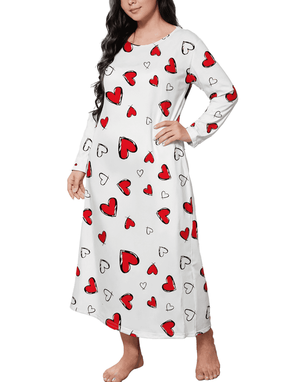 Plus Size Nightgown for Women Long Sleeve Sleepshirt Crew Neck Full Length Sleepdress with Red Love Print, 2XL