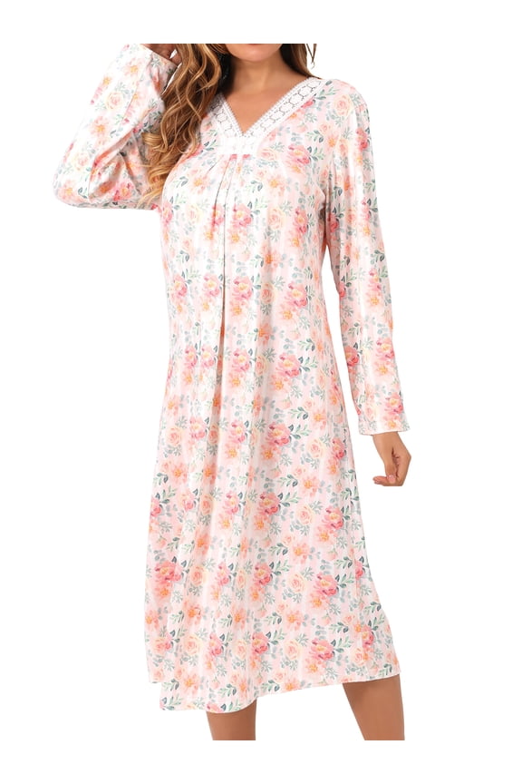 Nightgown for Women Long Sleeve Sleepshirts Full Length Sleepdress Lace Trim V-Neck House Dress with Pink Floral Printed, M