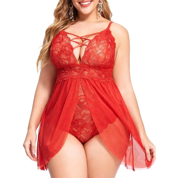 ValueVibe Plus Size Lingerie for Women Lace Babydoll Sexy Nightwear Mesh Front Slit Chemise Sleepwear, Red L