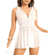 ValueVibe Lingerie for Women Sexy Polka Dots Lace Sheer Mesh Babydoll Nightie 2 piece Lingerie Sets, White L
