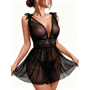 ValueVibe Lingerie for Women Sexy Polka Dots Lace Sheer Mesh Babydoll Nighty 2 piece Lingerie Sets, Black L