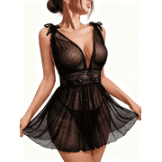 ValueVibe Lingerie for Women Sexy Polka Dots Lace Sheer Mesh Babydoll Nighty 2 piece Lingerie Sets, Black XL