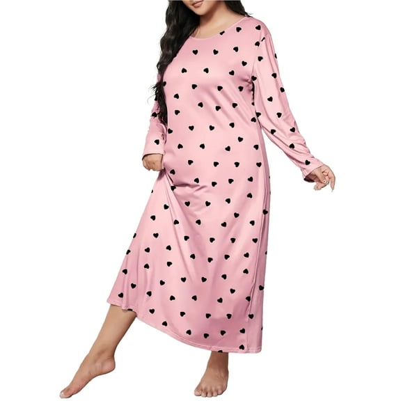ValueVibe Plus Size Nightgown for Women Long Sleeve Sleepshirt Crew Neck Full Length Sleepdress with Pink Love Print, 1XL
