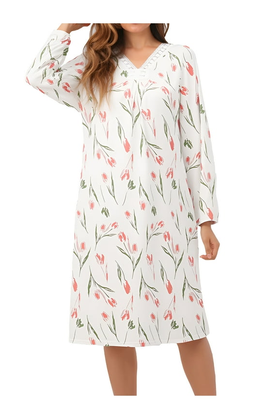 Nightgown for Women Long Sleeve Sleepshirts Full Length Sleepdress Lace Trim V-Neck House Dress with Pink Tulips Printed, S