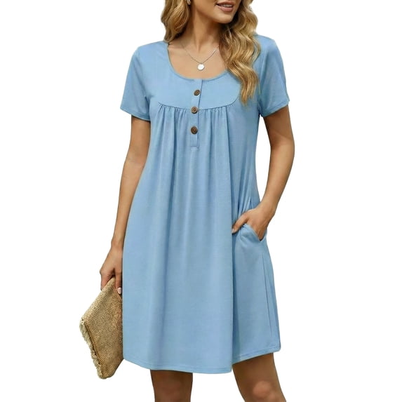 ValueVibe Nightgowns for Women Crew Neck Sleepshirt Short Sleeve Sleepwear Henley Button House Dress with Pockets, Blue 2XL