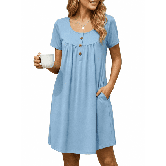 ValueVibe Nightgowns for Women Crew Neck Sleepshirt Short Sleeve Sleepwear Henley Button House Dress with Pockets, Blue S