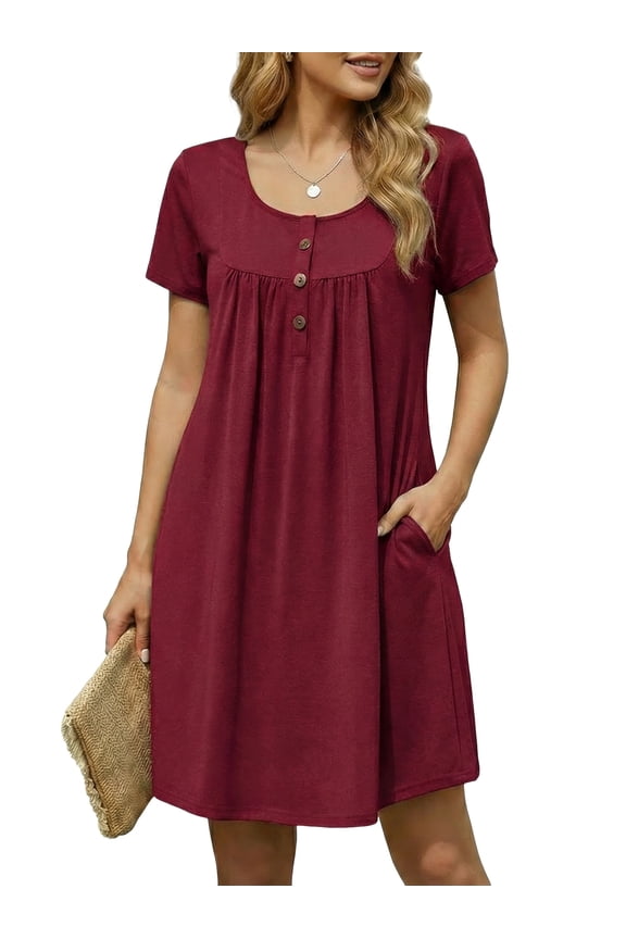 Nightgowns for Women Crew Neck Sleepshirt Short Sleeve Sleepwear Henley Button House Dress with Pockets, Burgundy 3XL