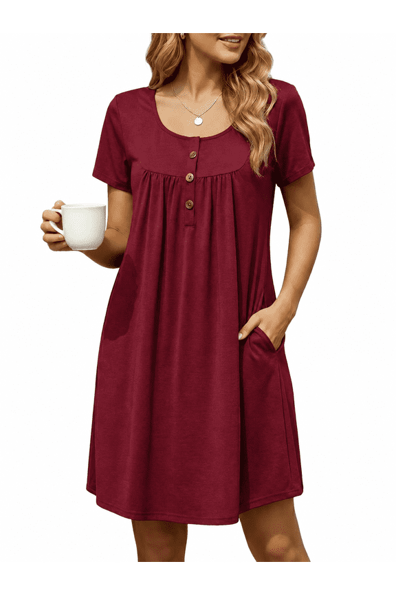 Nightgowns for Women Crew Neck Sleepshirt Short Sleeve Sleepwear Henley Button House Dress with Pockets, Burgundy S
