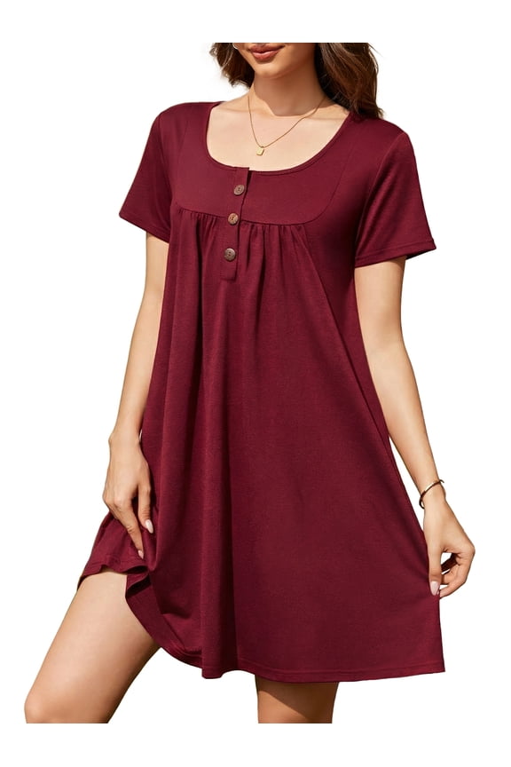 Nightgowns for Women Crew Neck Sleepshirt Short Sleeve Sleepwear Henley Button House Dress with Pockets, Burgundy XL