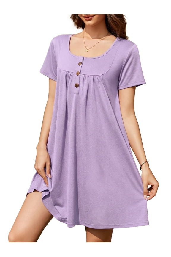 Nightgowns for Women Crew Neck Sleepshirt Short Sleeve Sleepwear Henley Button House Dress with Pockets, Purple 3XL