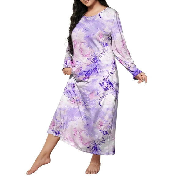 ValueVibe Plus Size Nightgown for Women Long Sleeve Sleepshirt Crew Neck Full Length Sleepdress with Purple Marble Print, 2XL