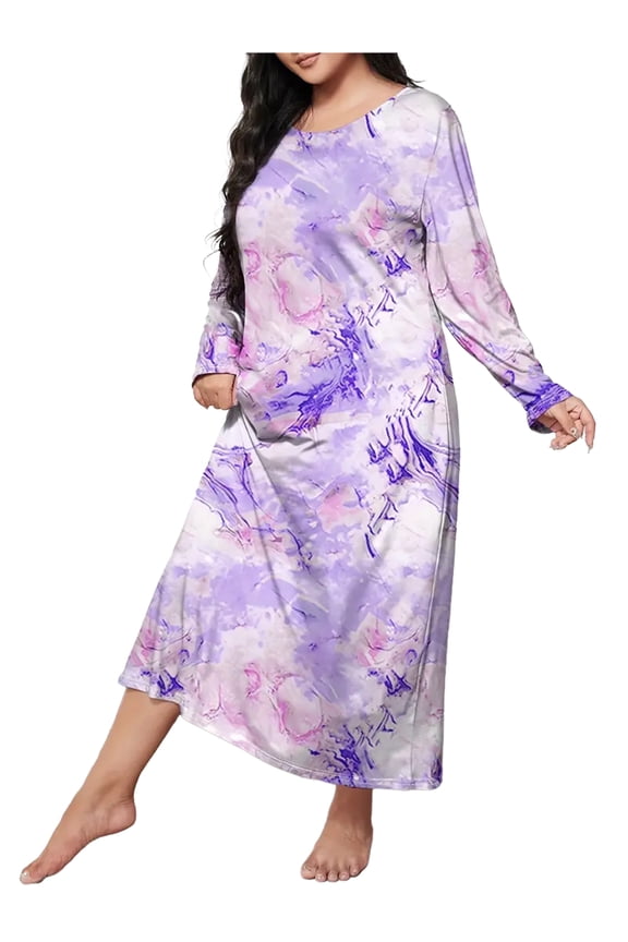Plus Size Nightgown for Women Long Sleeve Sleepshirt Crew Neck Full Length Sleepdress with Purple Marble Print, 2XL