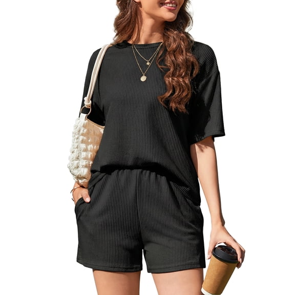 ValueVibe Outfit Sets for Women 2 Piece Short Sleeve Shorts Lounge Sets Crew Neck Casual Ribbed Pajama Sets with Pockets, Black L