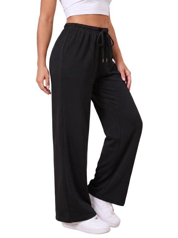 Women's Lightweight Wide Leg Sweatpants Mid Rise Drawstring Loose Casual Lounge Pants, Black S-2XL
