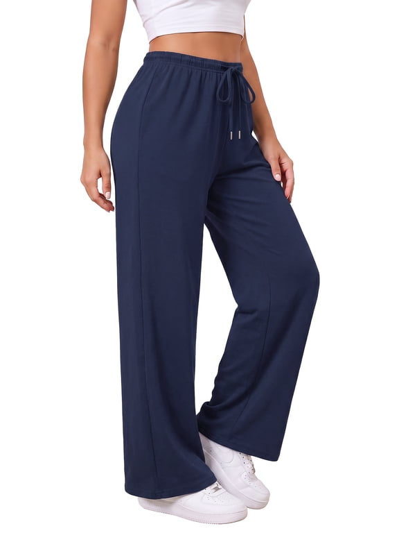 Women's Lightweight Wide Leg Sweatpants Mid Rise Drawstring Loose Casual Lounge Pants, Navy Blue S-2XL