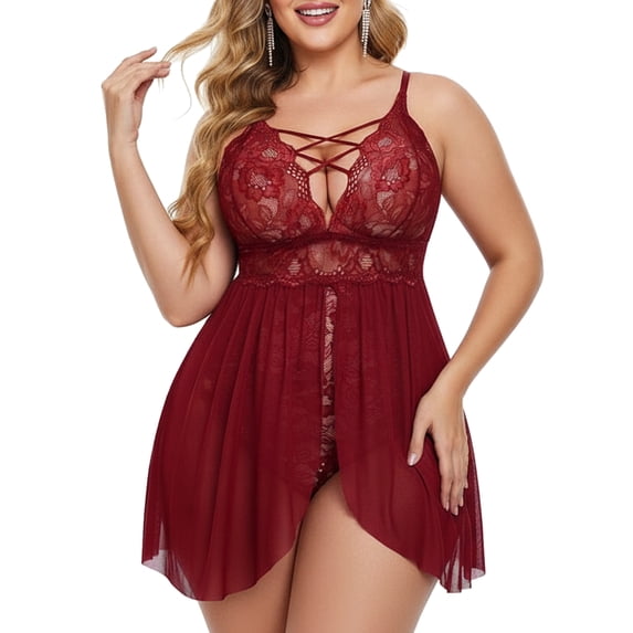 ValueVibe Plus Size Lingerie for Women Sexy Lace Criss Cross Nightie Snap Crotch Mesh Chemise Nightwear,Burgundy XL