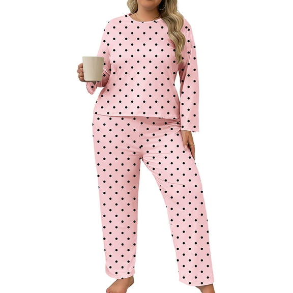 ValueVibe Plus Size Pajama Sets for Women 2 Piece Crew Neck Long Sleeve Lounge Sets Polka Dots Print Sleepwear, Pink 4XL