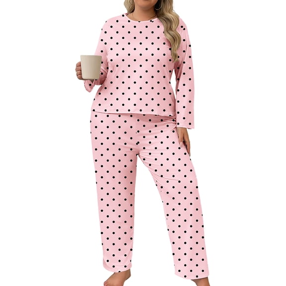 ValueVibe Plus Size Pajama Sets for Women 2 Piece Crew Neck Long Sleeve Lounge Sets Polka Dots Print Sleepwear, Pink 5XL