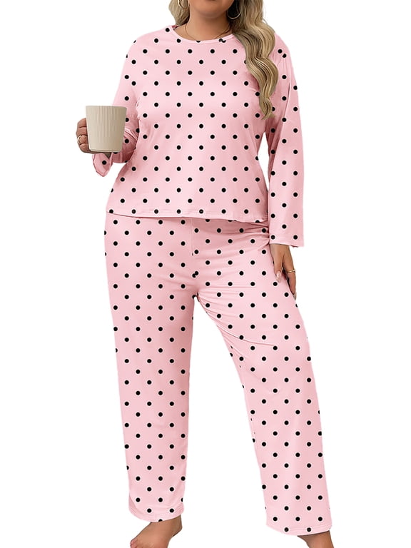 Plus Size Pajama Sets for Women 2 Piece Crew Neck Long Sleeve Lounge Sets Polka Dots Print Sleepwear, Pink 5XL