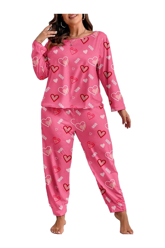 Plus Size Pajama Sets for Women 2 Piece Crew Neck Long Sleeve Lounge Sets Love Heart Print Sleepwear with Pocket, Pink 4XL