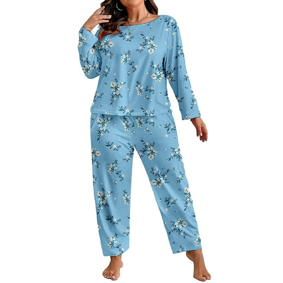 ValueVibe Plus Size Pajama Sets for Women 2 Piece Crew Neck Long Sleeve Lounge Sets Floral Print Sleepwear with Pocket, Blue 5XL
