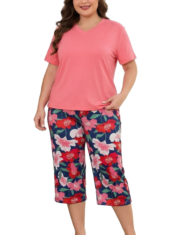 Plus Size Pajama Sets for Women Short Sleeve Loungewear Sets 2 Piece Nightwear Floral Sleepwear, Pink 3XL