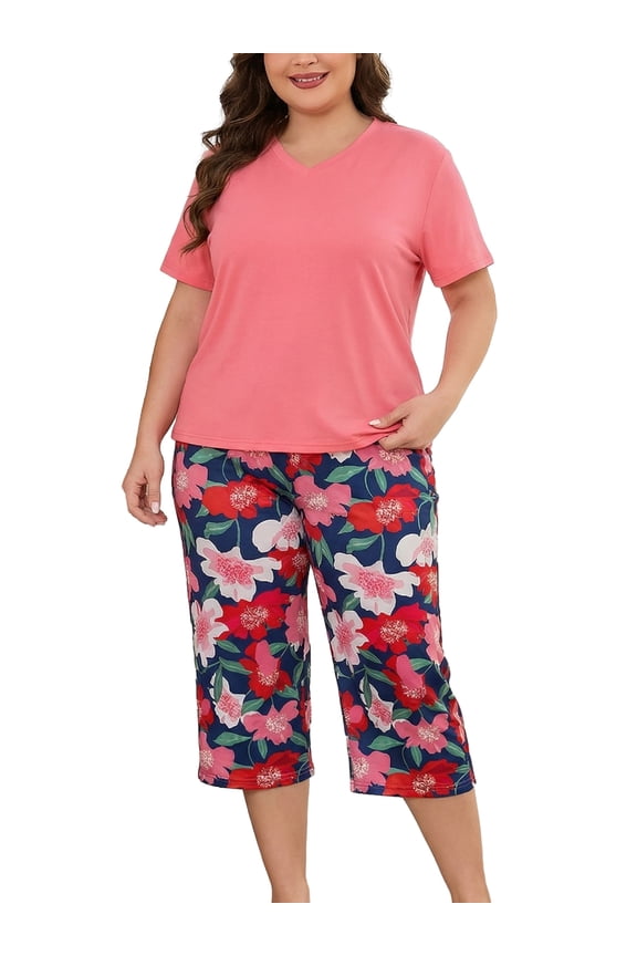 Plus Size Pajama Sets for Women Short Sleeve Loungewear Sets 2 Piece Nightwear Floral Sleepwear, Pink 4XL