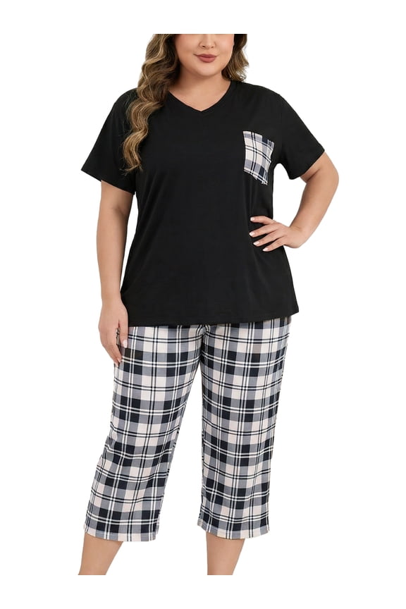 Plus Size Pajama Sets for Women V-Neck Short Sleeve and Capri Pants Pajamas 2 Piece Loungewear Sets, Black Plaid 3XL