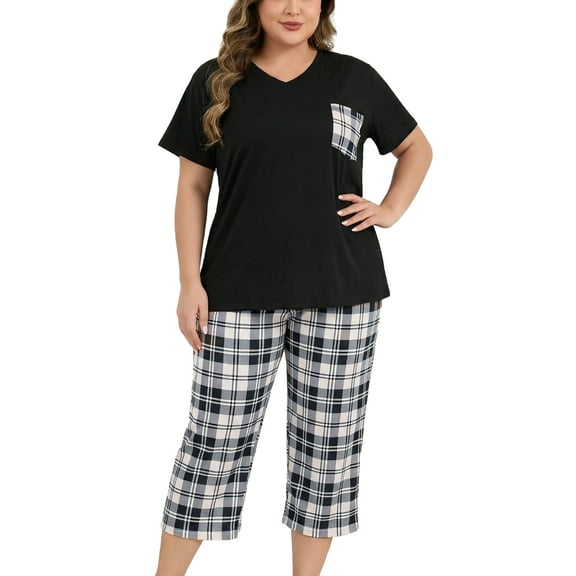 ValueVibe Plus Size Pajama Sets for Women V-Neck Short Sleeve and Capri Pants Pajamas 2 Piece Loungewear Sets, Black Plaid XL