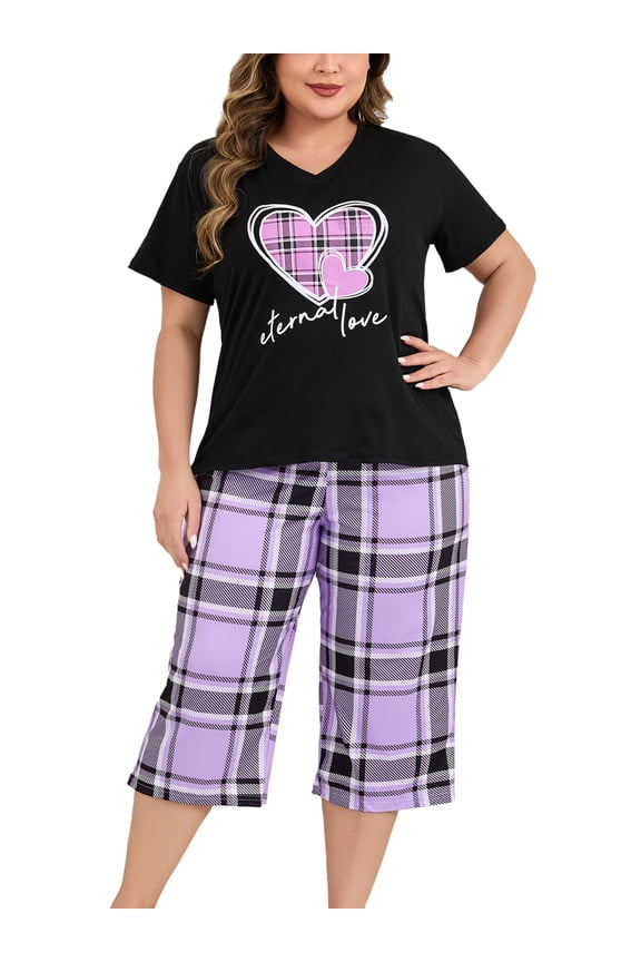 Plus Size Pajamas for Women V-Neck Short Sleeve and Capri Pants Loungewear Sets 2 Piece Nightwear, Purple Plaid 3XL