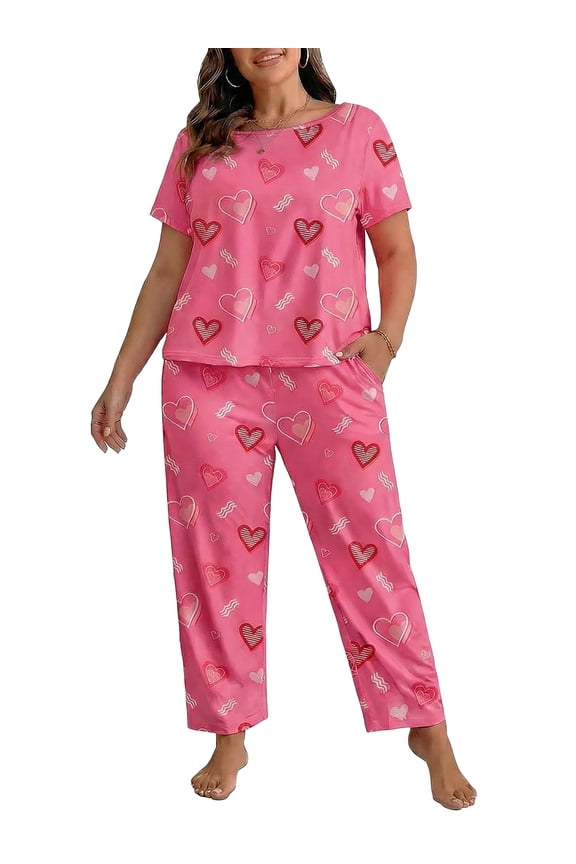 Plus Size Women Pajama Sets 2 Piece Short Sleeve Crew Neck Lounge Set Love Heart Print Sleepwear with Pocket, Red 3XL