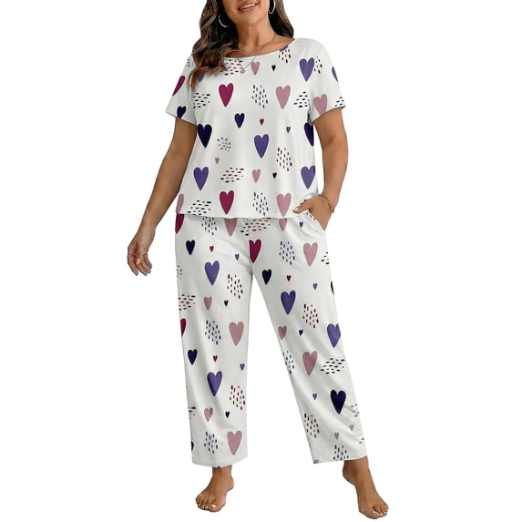 ValueVibe Plus Size Women Pajama Sets 2 Piece Short Sleeve Crew Neck Lounge Set Love Heart Print Sleepwear with Pocket, White 3XL