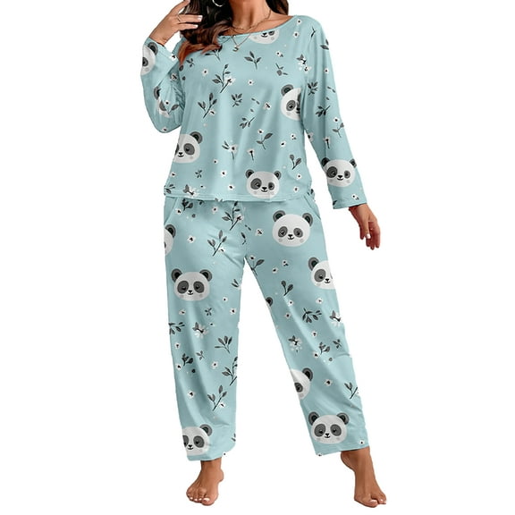 ValueVibe Plus Size Pajama Sets for Women 2 Piece Crew Neck Long Sleeve Lounge Sets Panda-Bamboo Print Sleepwear with Pocket, Green 1XL