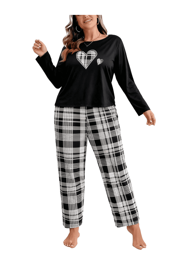 Plus Size Pajama Sets for Women Long Sleeve Color Block Lounge Sets 2 Piece Print Sleepwear, Black Stripes, 1XL