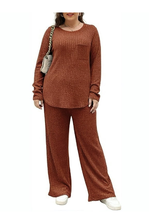 Plus Size Pajama Sets for Women Long Sleeve Lounge Sets 2 Piece Crew Neck Loungewear with Chest Pocket, Brick Red 3XL