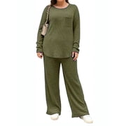 ValueVibe Plus Size Pajama Sets for Women Long Sleeve Crew Neck Lounge Sets 2 Piece Stretch Loungewear with Chest Pocket, Green 1XL
