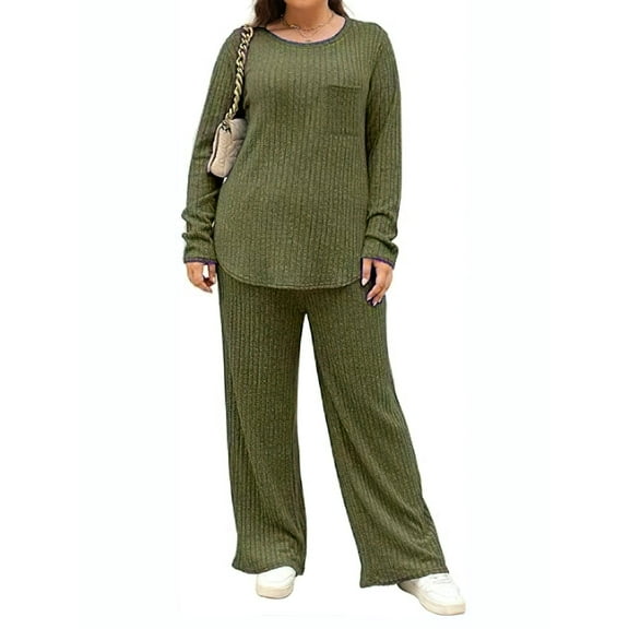ValueVibe Plus Size Pajama Sets for Women Long Sleeve Crew Neck Lounge Sets 2 Piece Stretch Loungewear with Chest Pocket, Green 1XL