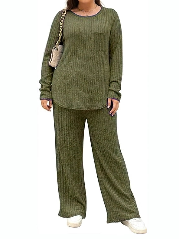 Plus Size Pajama Sets for Women Long Sleeve Crew Neck Lounge Sets 2 Piece Stretch Loungewear with Chest Pocket, Green 1XL