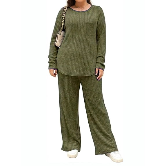 ValueVibe Plus Size Pajama Sets for Women Long Sleeve Crew Neck Lounge Sets 2 Piece Stretch Loungewear with Chest Pocket, Green 3XL