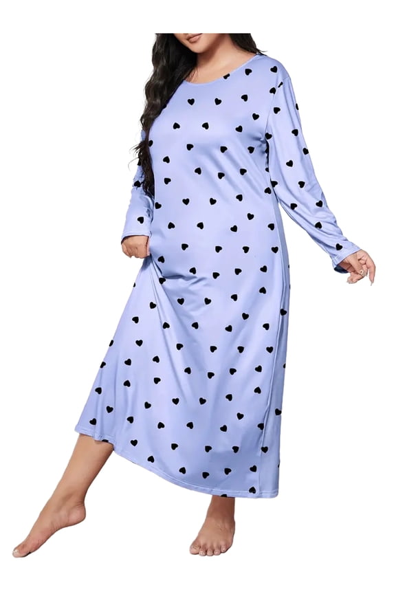Plus Size Nightgown for Women Long Sleeve Sleepshirt Crew Neck Full Length Sleepdress with Blue Love Print, 4XL