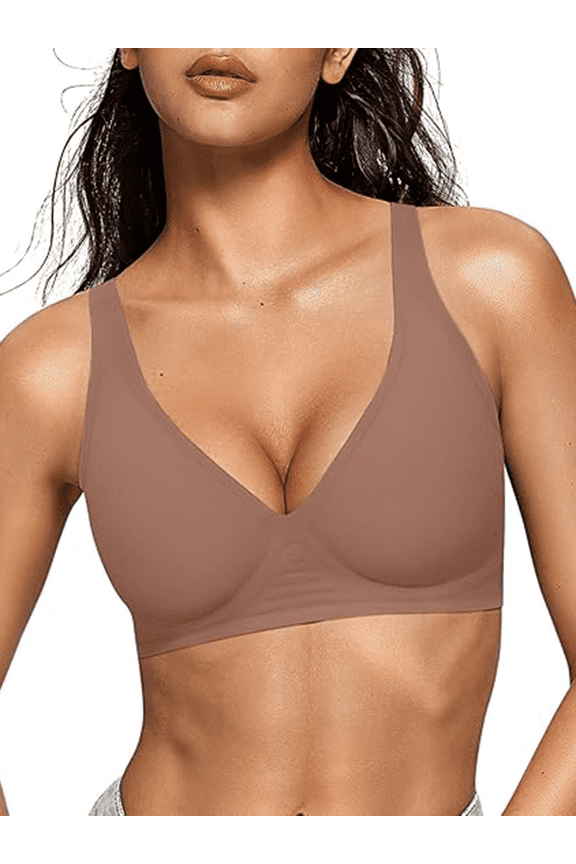 Wireless Bras for Women Full Coverage Seamless No Underwire Deep V Bras Comfortable Everyday Bra, Coffee L