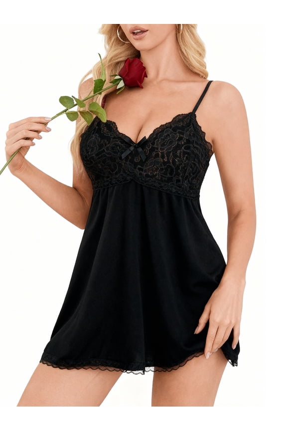 Lingerie for Women Lace Babydoll V Neck Nightwear Spaghetti Strap Chemise Nighty, Black 2XL