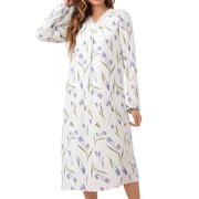 ValueVibe Nightgown for Women Long Sleeve Sleepshirts Full Length Sleepdress Lace Trim V-Neck House Dress with Purple Tulips Printed, L