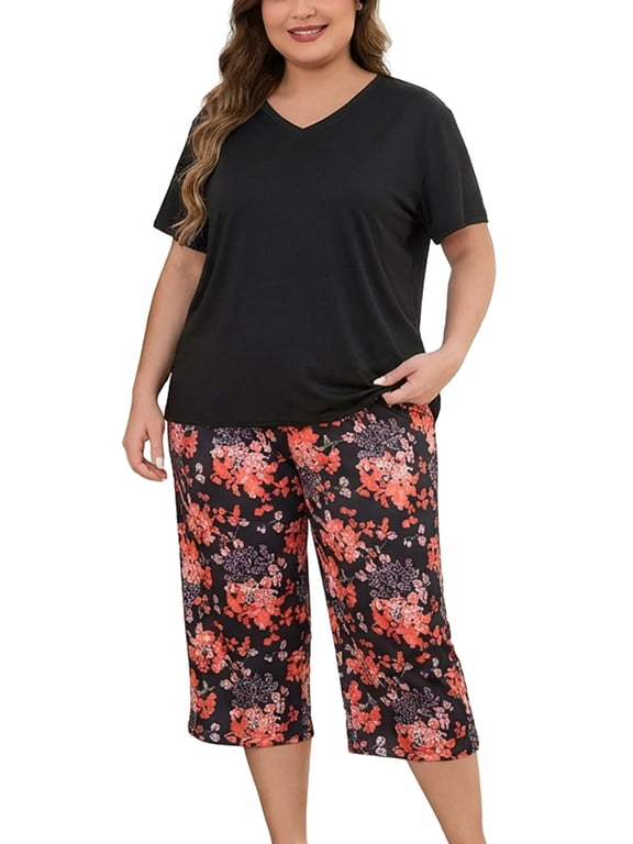 Women Plus Size Pajama Sets Short Sleeve Loungewear Sets 2 Piece Nightwear Floral Sleepwear, Black 2XL