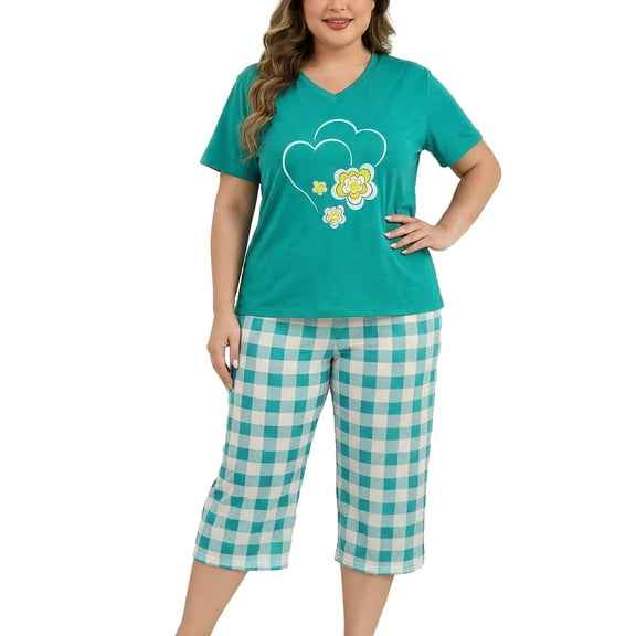 ValueVibe Women Plus Size Pajama Sets V-Neck Short Sleeve and Capri Pants Loungewear Sets 2 Piece Nightwear, Green Plaid XL