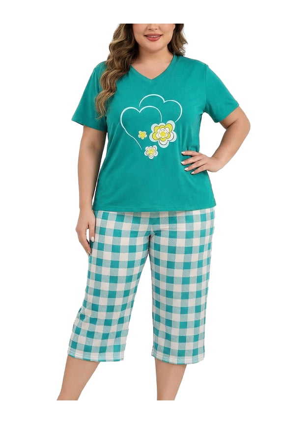 Women Plus Size Pajama Sets V-Neck Short Sleeve and Capri Pants Loungewear Sets 2 Piece Nightwear, Green Plaid XL